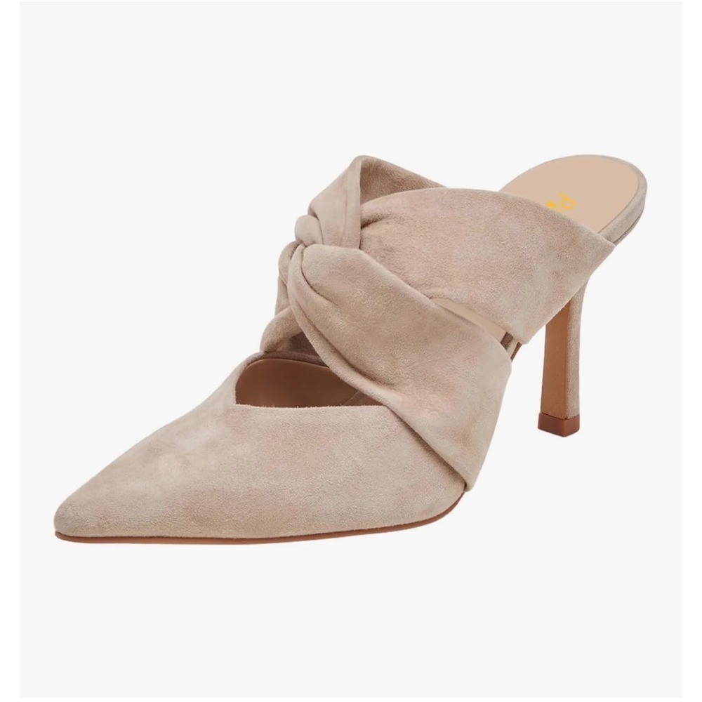 Dolce Vita Tan Suede Pointed Toe Twisted Knot Mules Stiletto Heels Womens Size 9